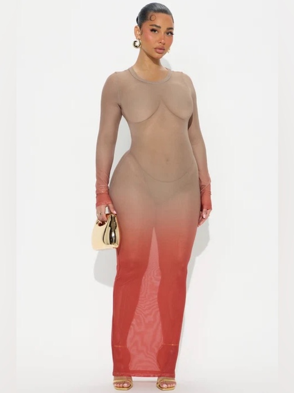 Fashion Nova Nude to Coral Ombre Long Sleeve Maxi Dress